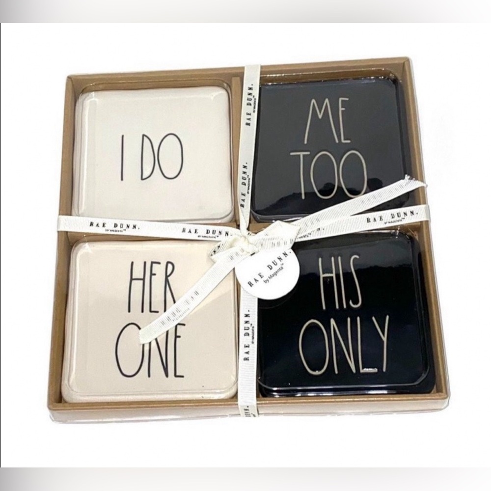 Rae Dunn Wedding Coasters White Black I Do Me Too Her One His Only Set of 4 NIB